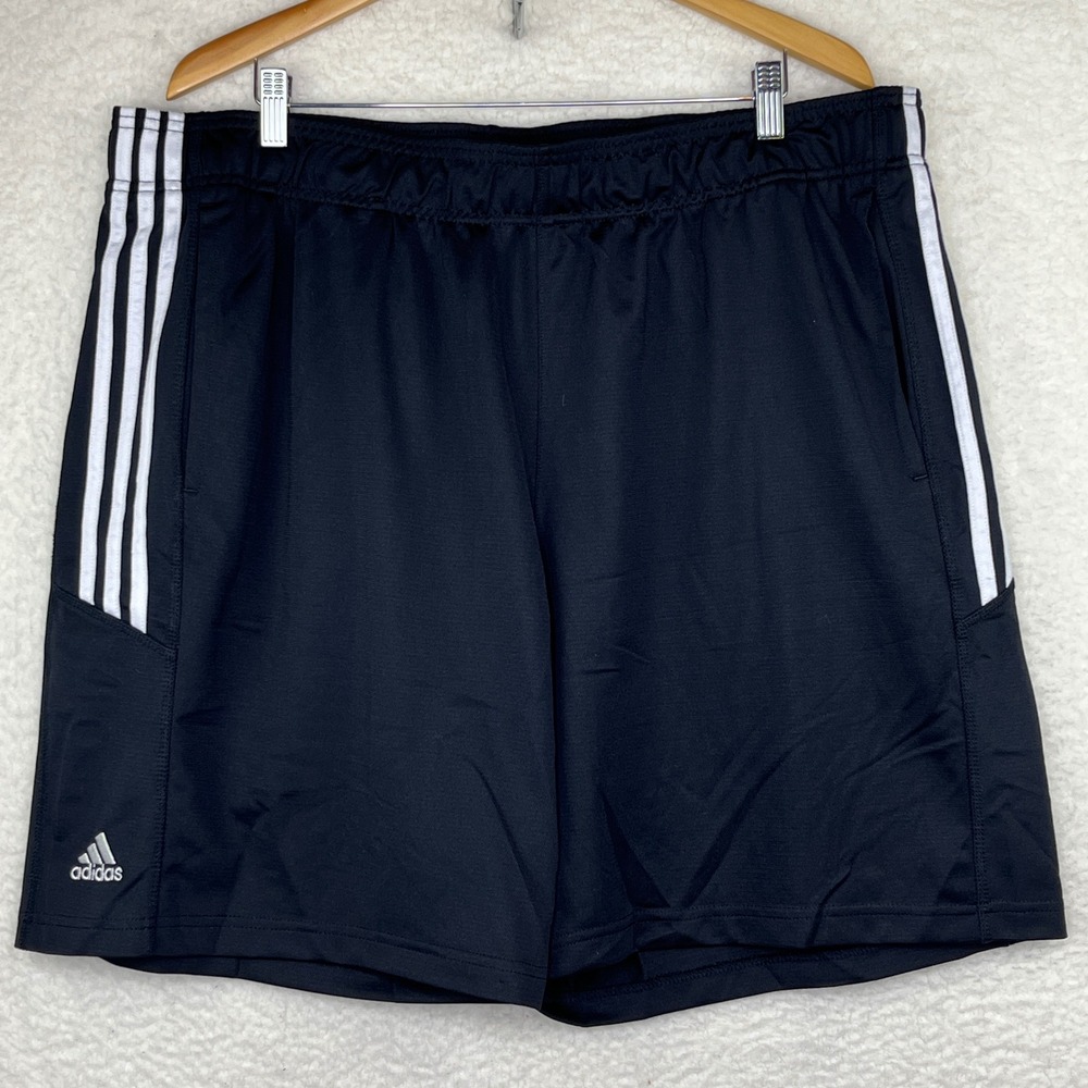 Adidas Mens Black White 3 Stripe Athletic Gym Shorts Pockets 2XL